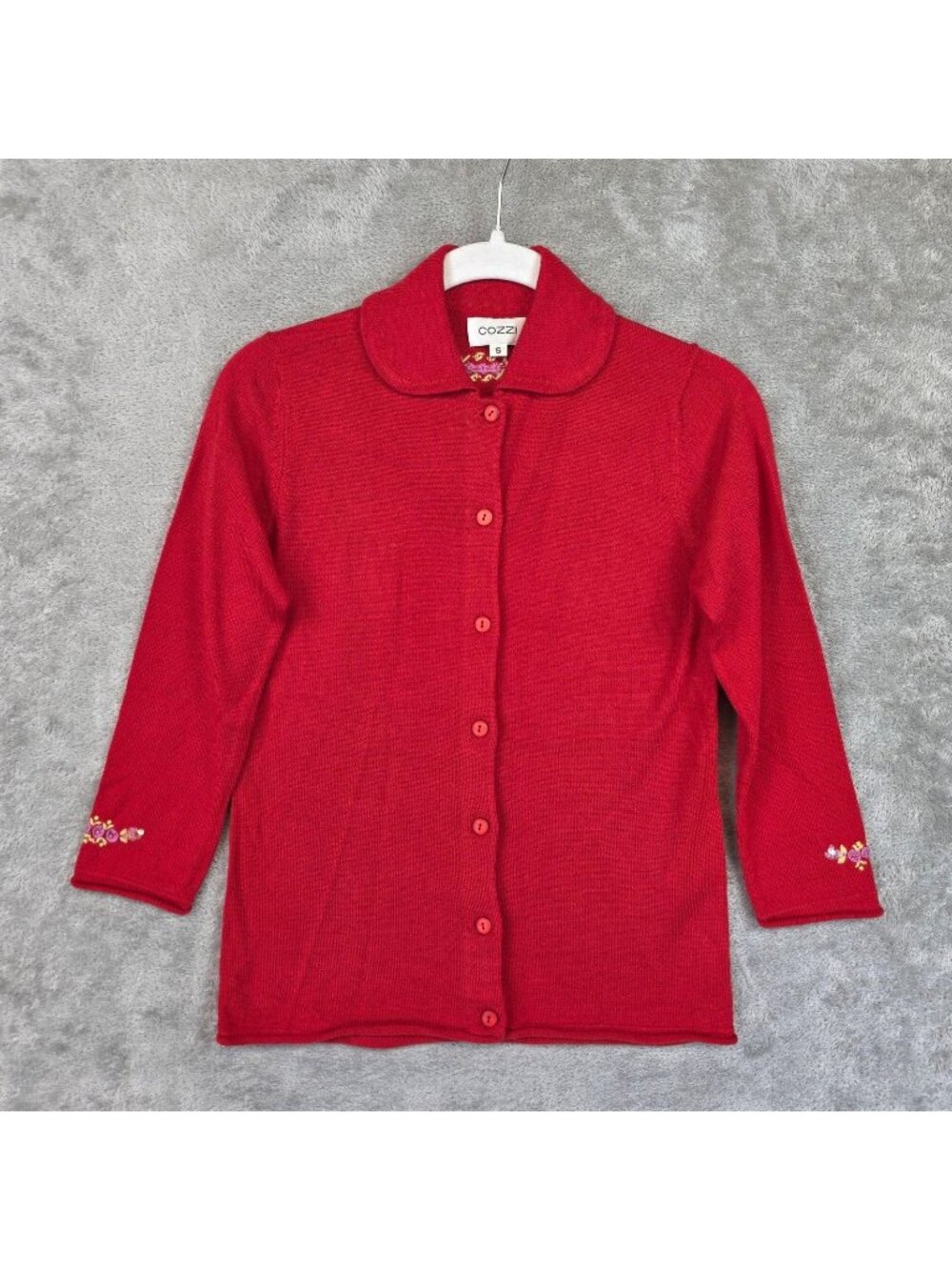 Cozzi Cardigan Sweater Womens Small Red Merino Wool Floral Embroidered Collar